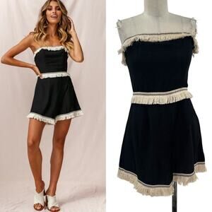 Selfie Leslie Bermuda Bandeau Tassel Trim Romper Black Size‎ US Large